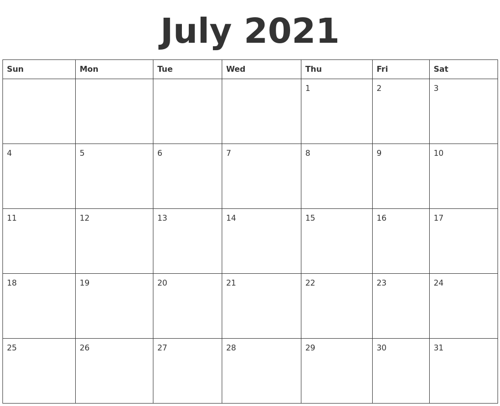 July 2021 Blank Calendar Template Online Calendar July 2021
