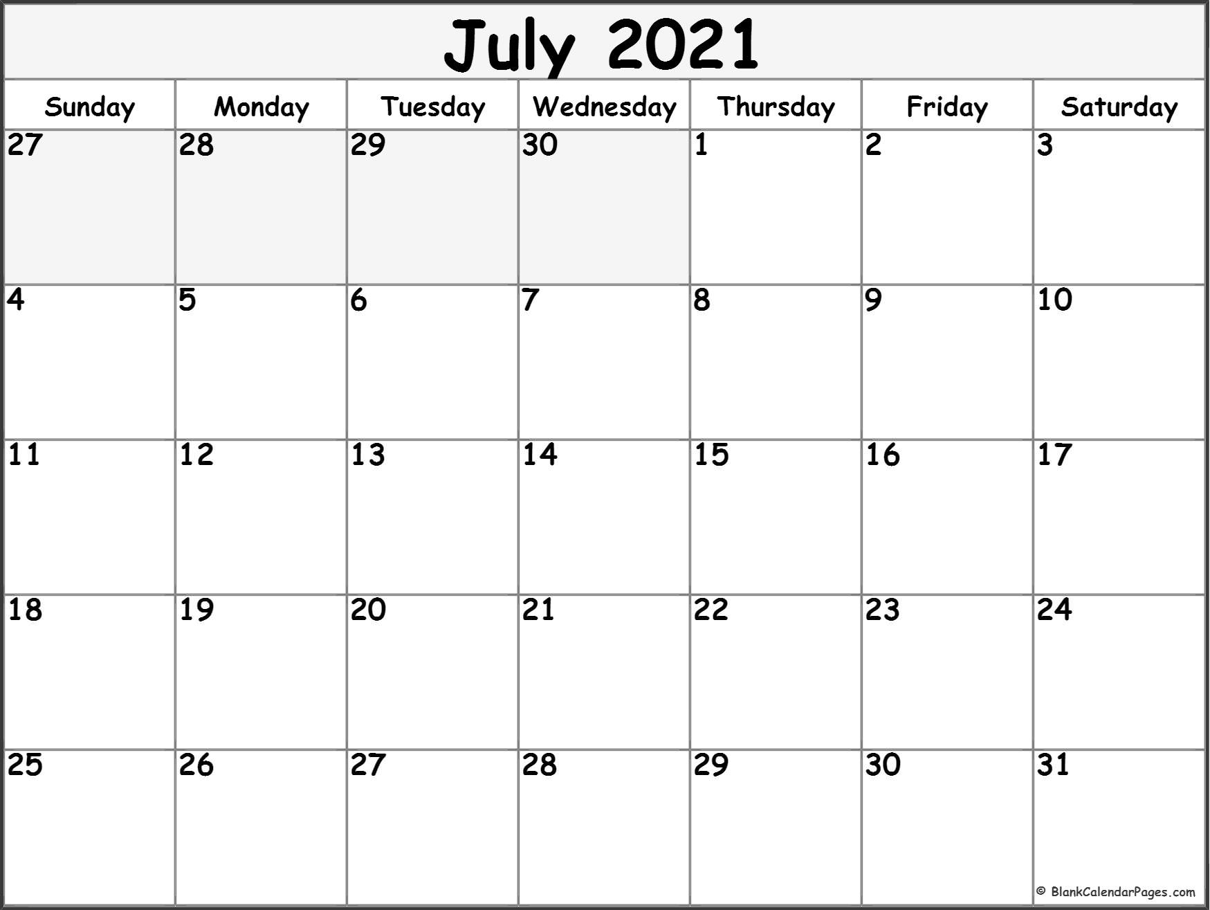 July 2021 Blank Calendar Templates. July 2021 Calendar Portrait