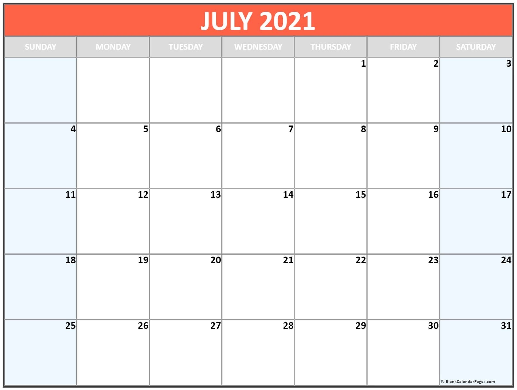 July 2021 Blank Calendar Templates. Online Calendar July 2021