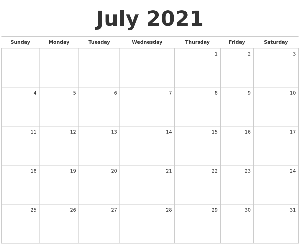 July 2021 Blank Monthly Calendar Month Of July 2021 Calendar