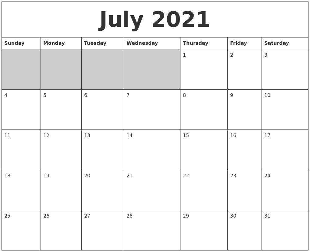 July 2021 Blank Printable Calendar July 2021 Calendar Monday Start