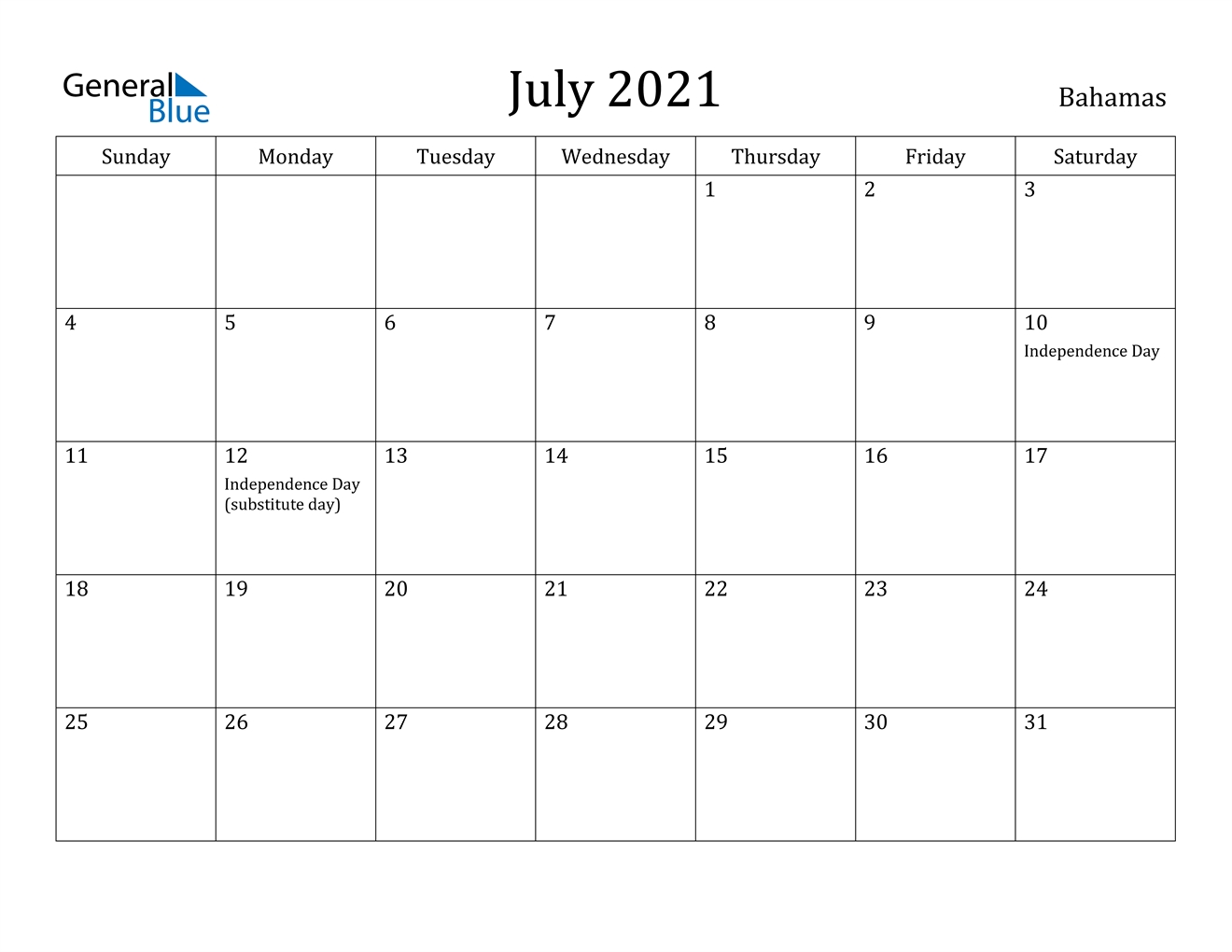 July 2021 Calendar - Bahamas July 2021 Calendar With Holidays