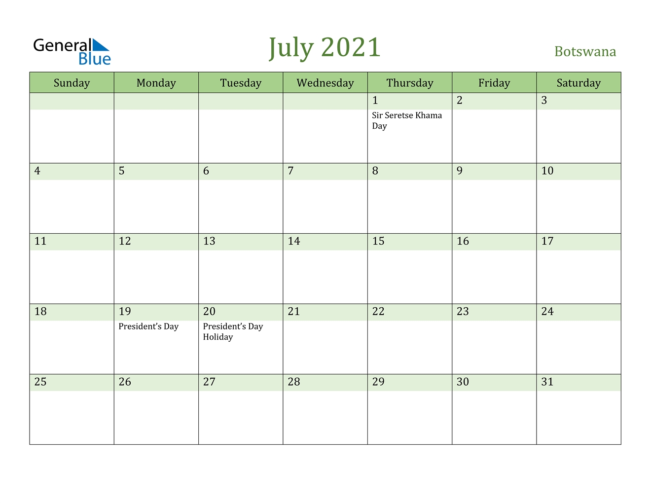 July 2021 Calendar - Botswana July 2021 Calendar Word