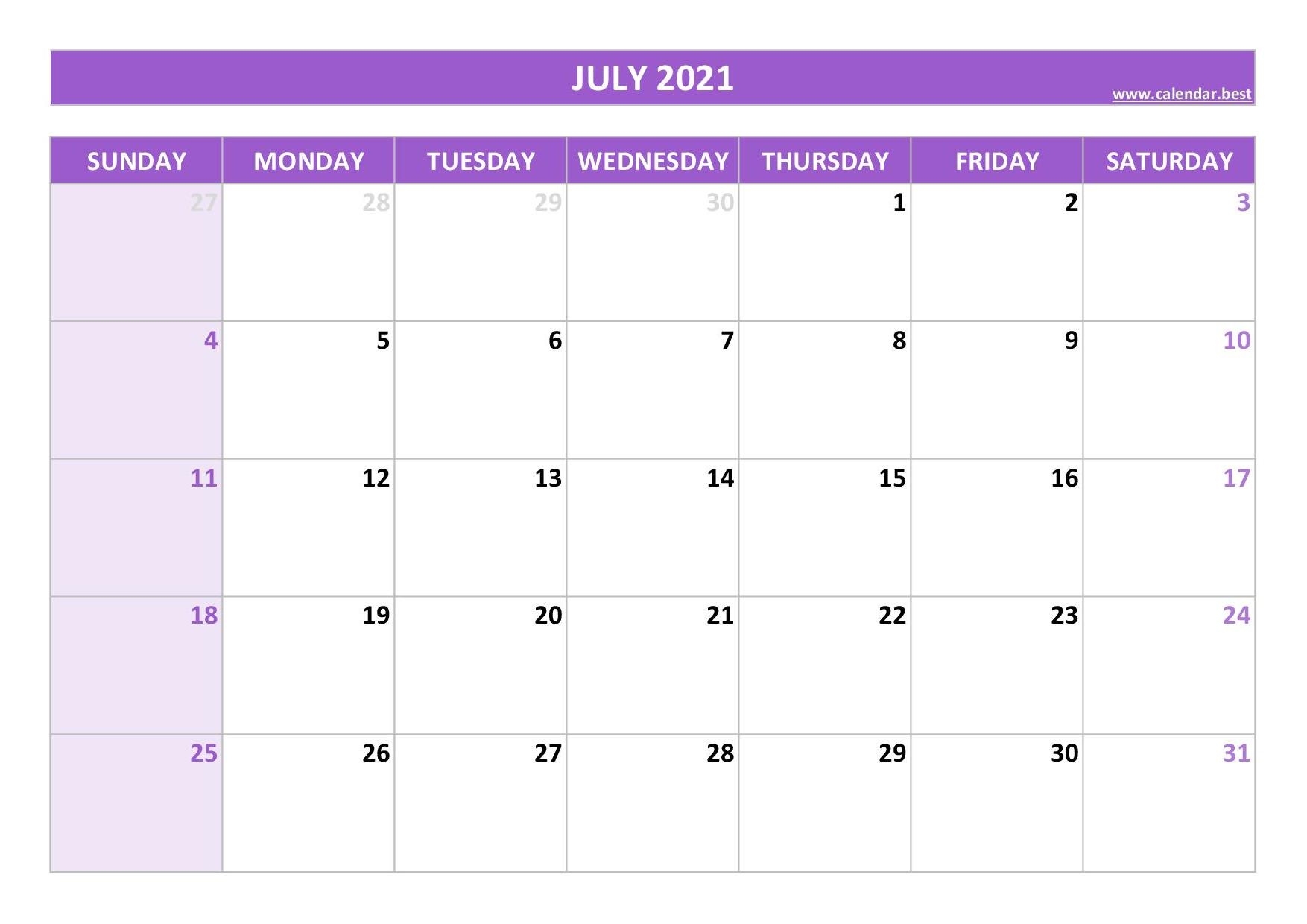 July 2021 Calendar -Calendar.best Month Of July 2021 Calendar