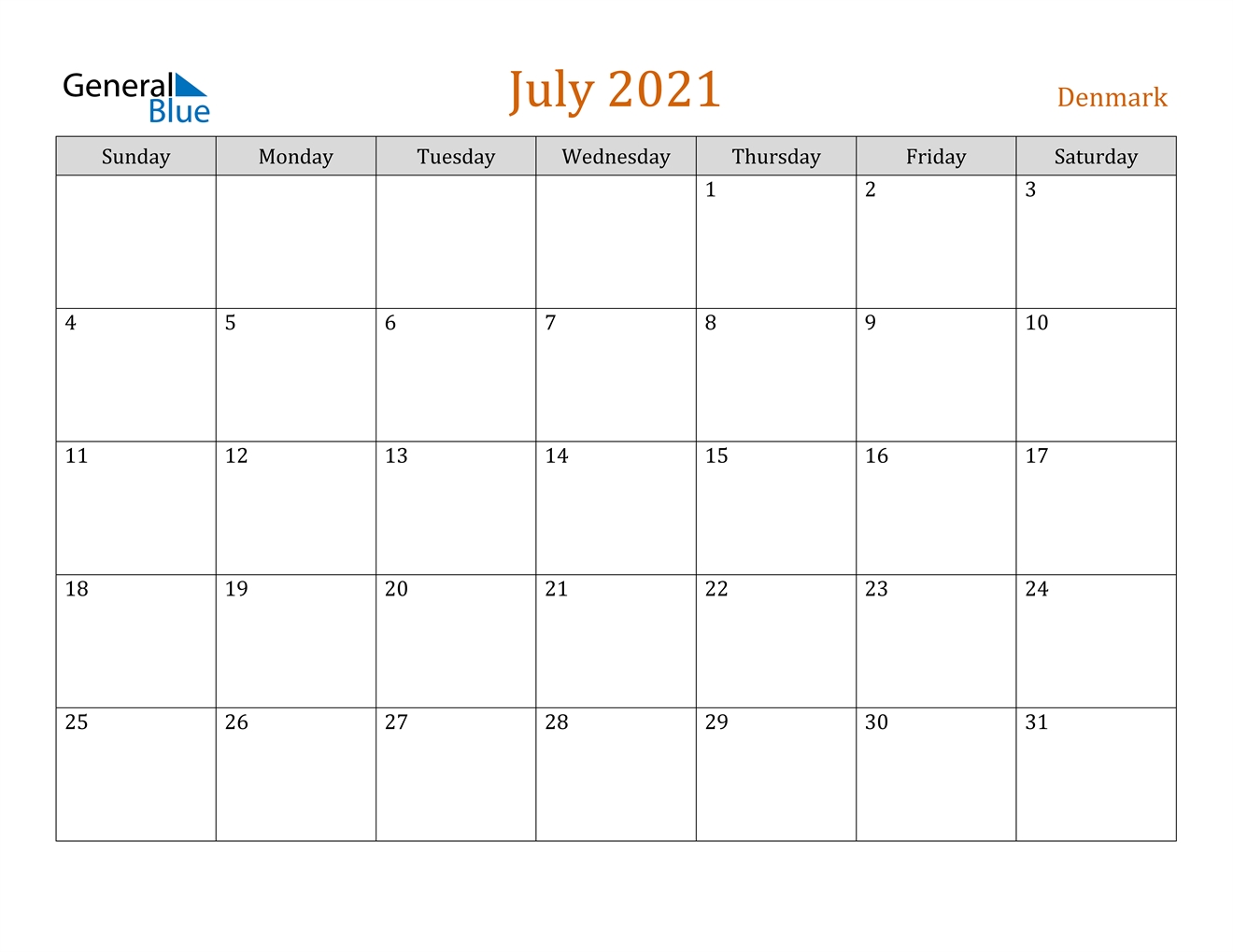 July 2021 Calendar - Denmark July 2021 Calendar Month