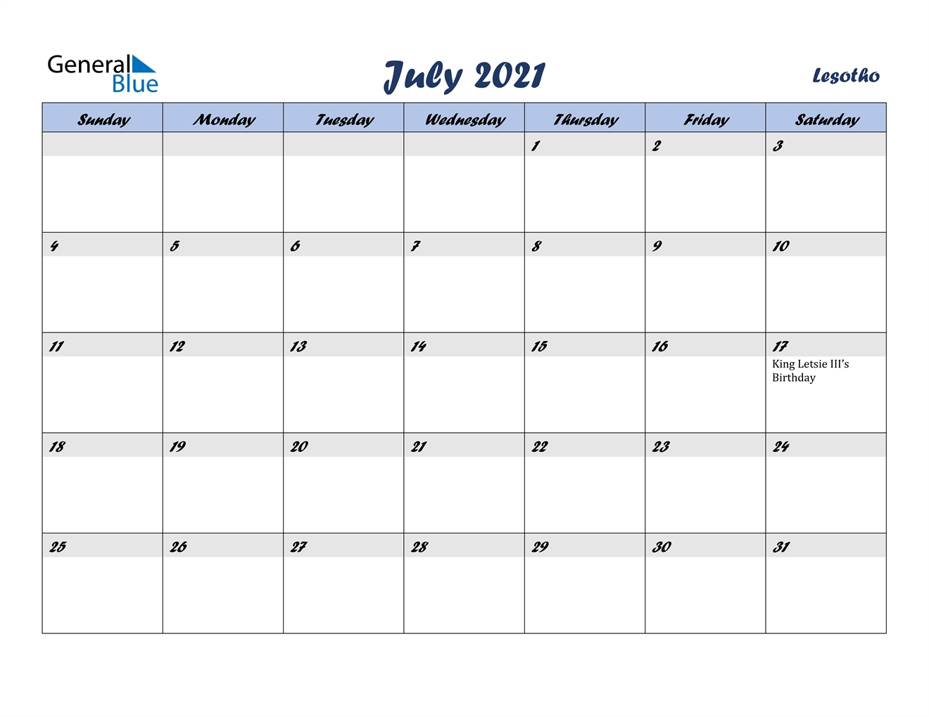 July 2021 Calendar - Lesotho July 2021 Calendar Month