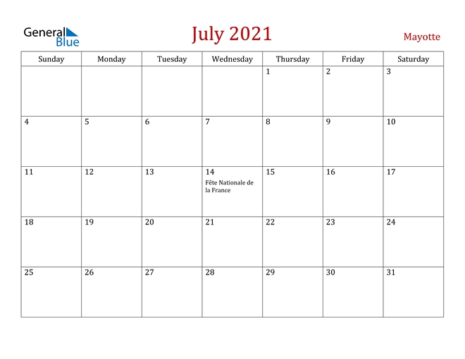 July 2021 Calendar - Mayotte July To December 2021 Calendar