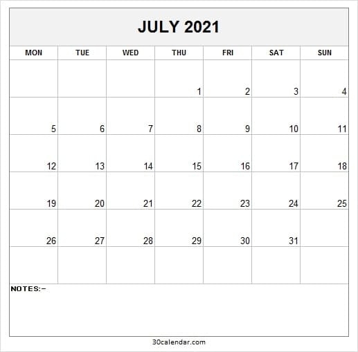 July 2021 Calendar Notes - Printable 2021 Calendar Template July 2021 Calendar Editable