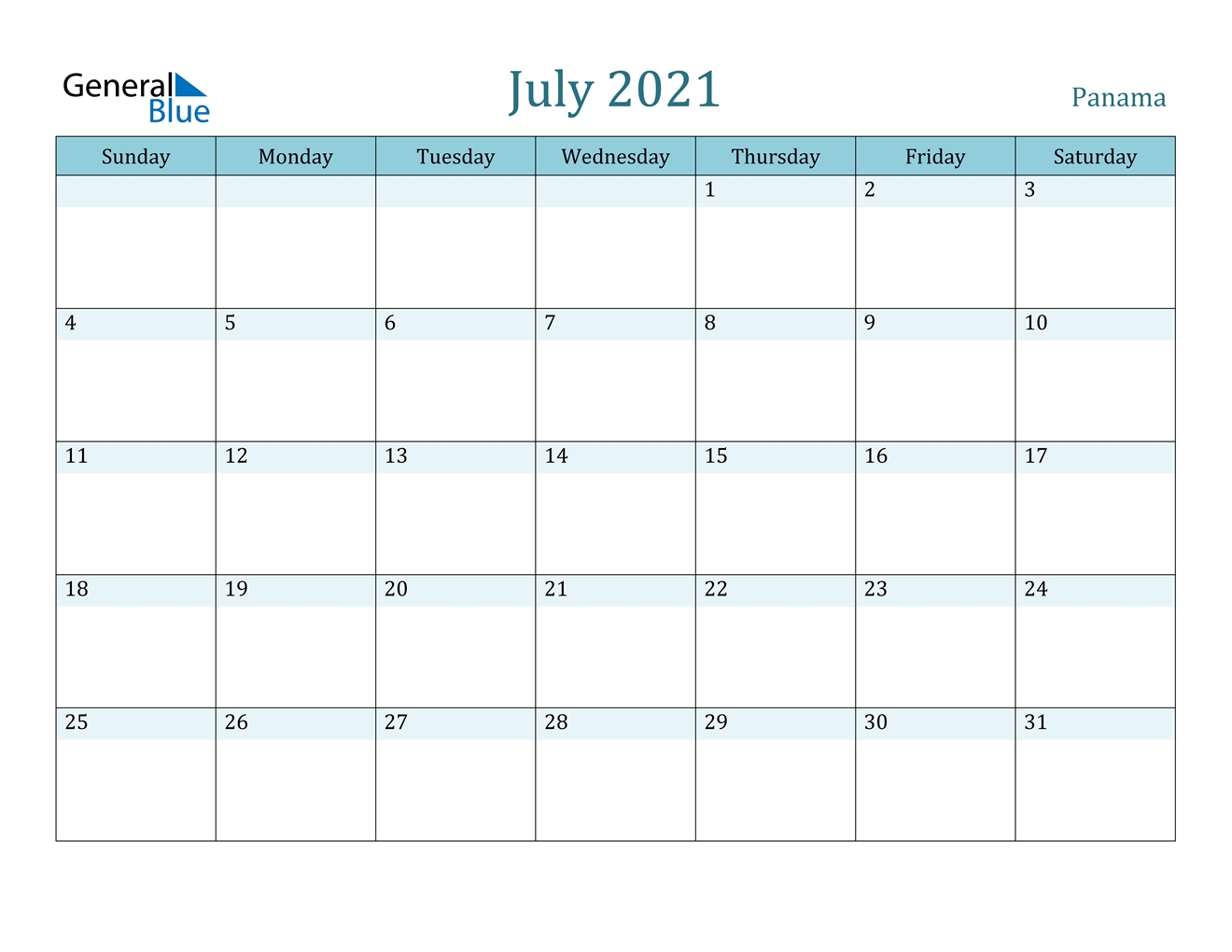 July 2021 Calendar - Panama July 2021 Calendar Free Printable