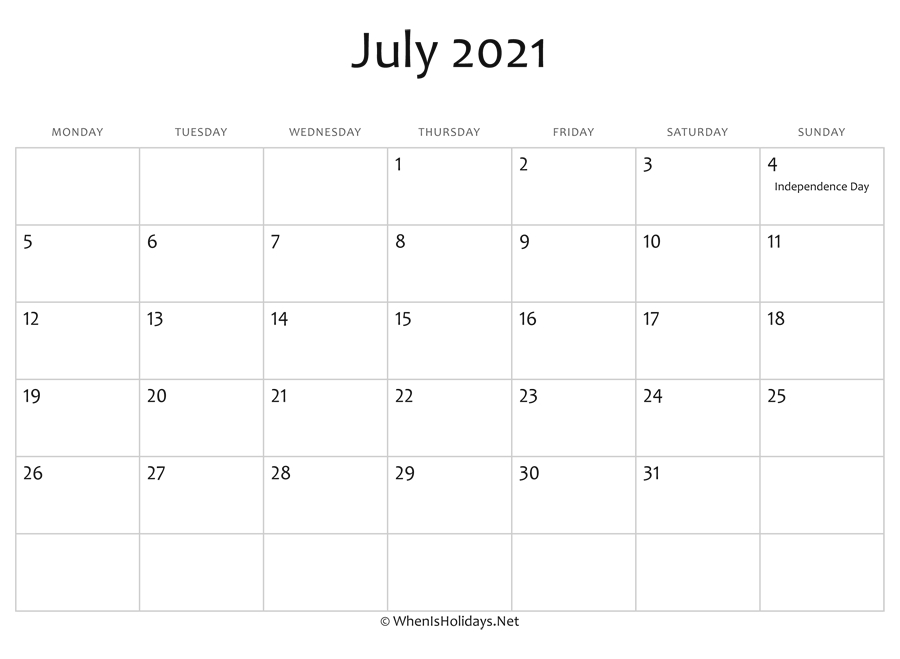 July 2021 Calendar Printable With Holidays | Whenisholidays July 2021 Calendar Download