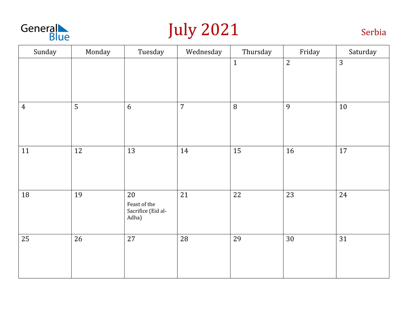 July 2021 Calendar - Serbia May-July 2021 Calendar