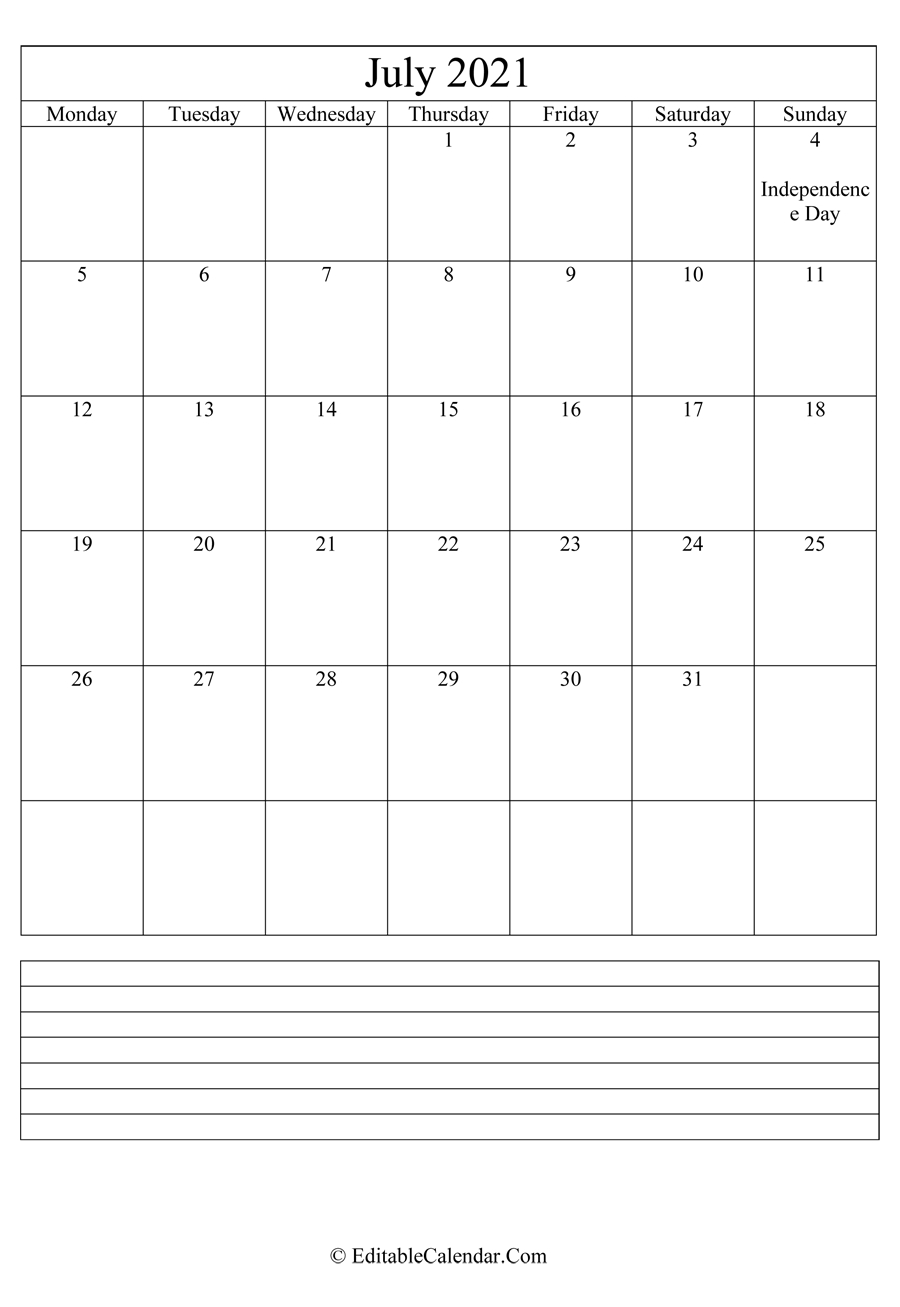 July 2021 Calendar Templates July 2021 Calendar Editable