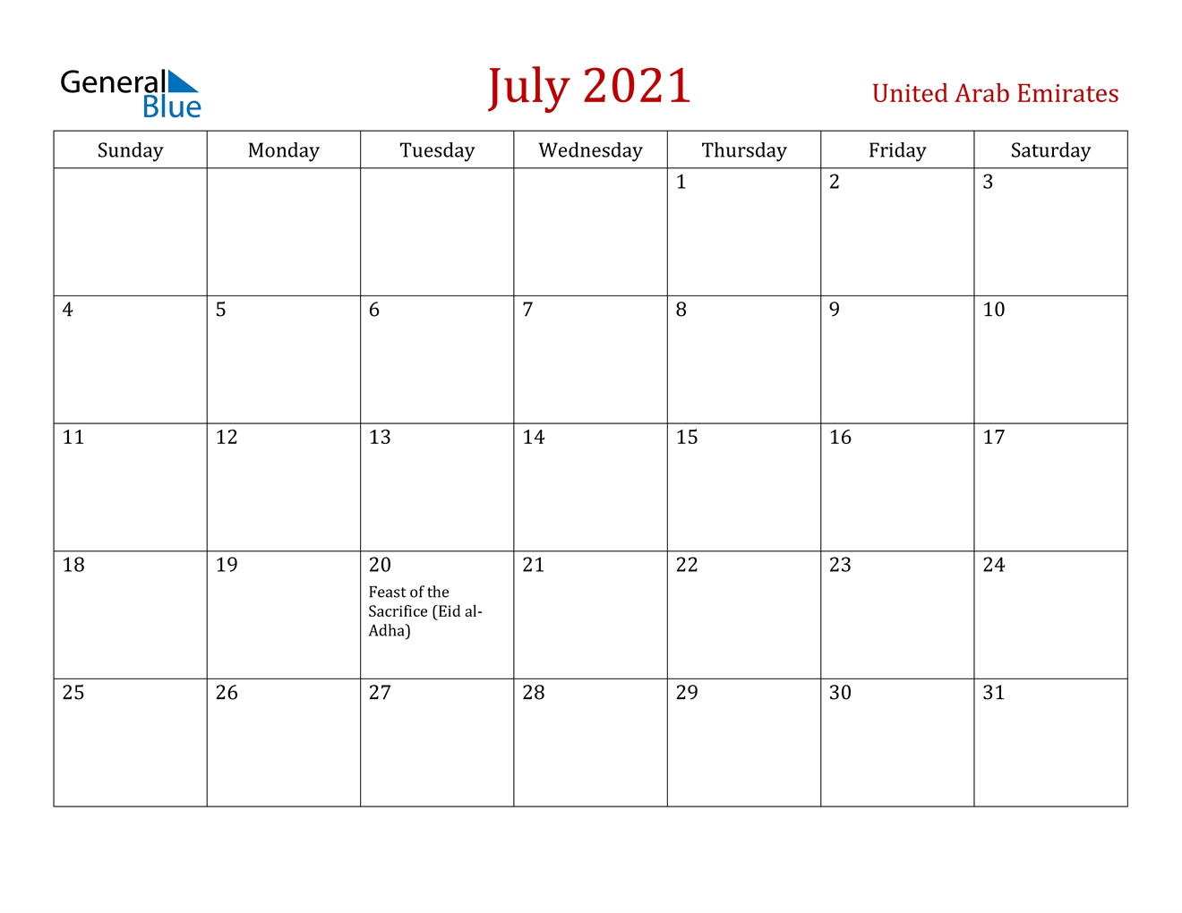 July 2021 Calendar - United Arab Emirates July 2021 Calendar Word