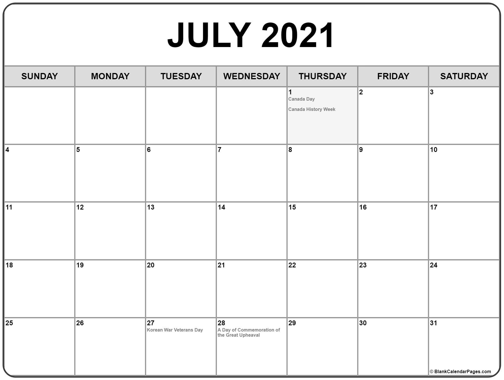 July 2021 Calendar With Holidays 2021 Calendar For July And August
