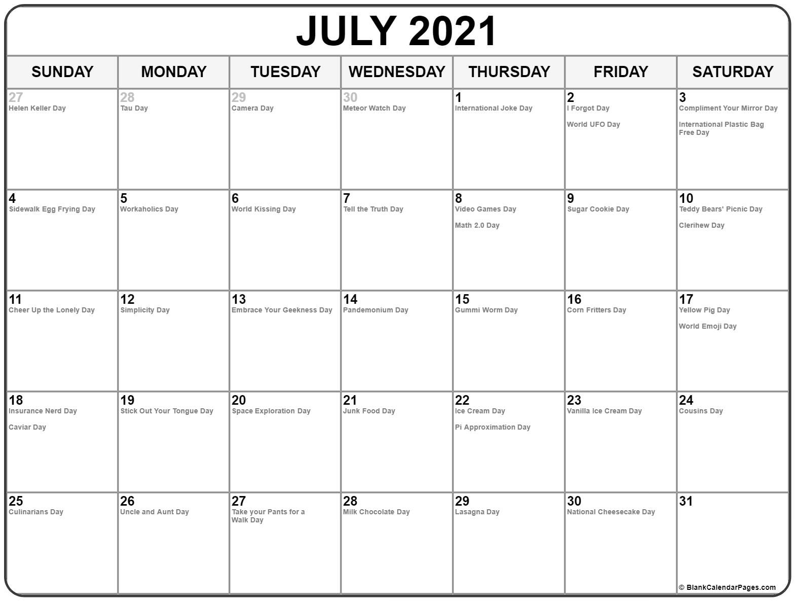 July 2021 Calendar With Holidays - Calendar Template 2021 July 2021 Calendar With Holidays