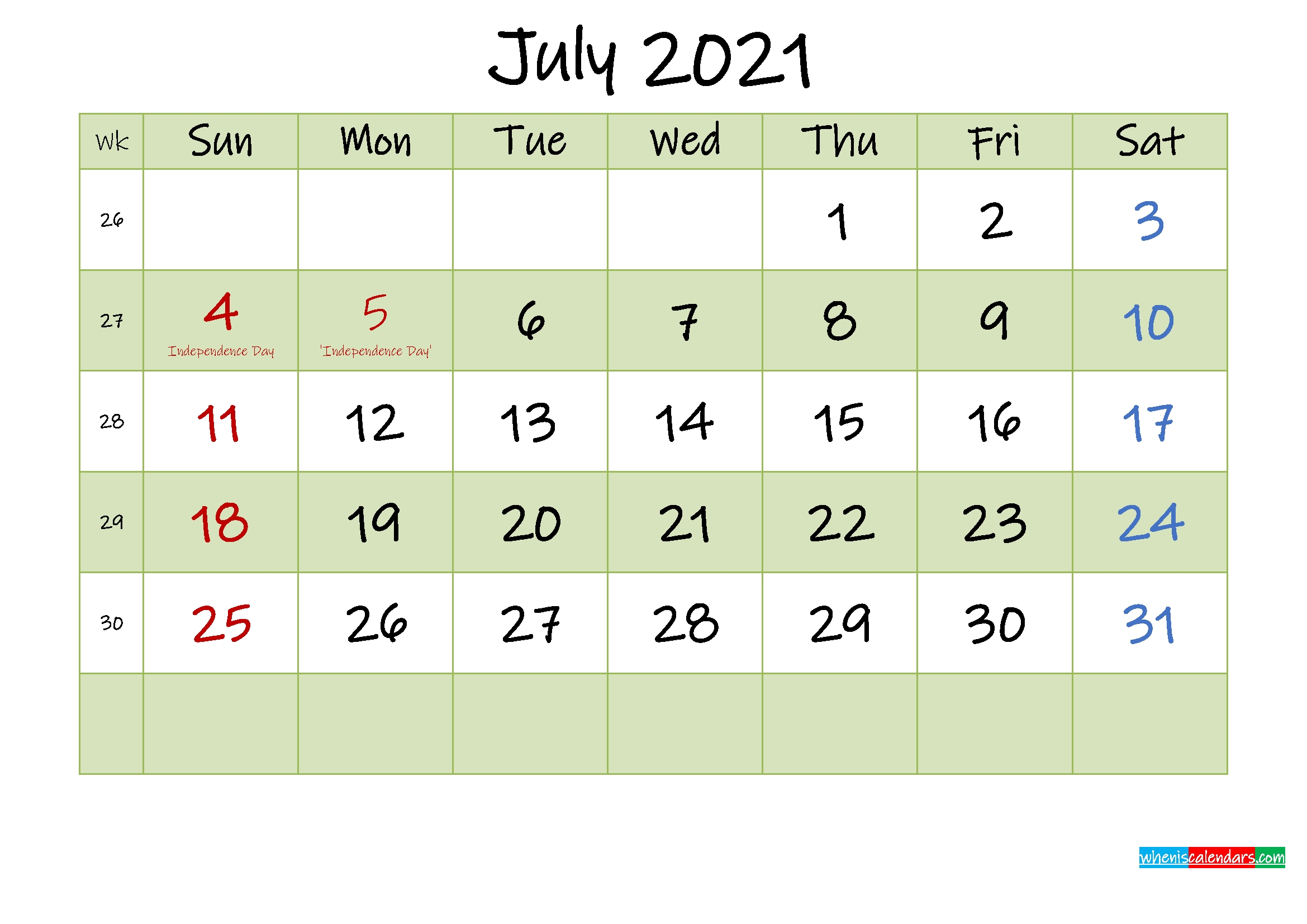 July 2021 Calendar With Holidays Printable - Template No.ink21M451 - Free 2020 And 2021 Calendar July 2021 Tithi Calendar