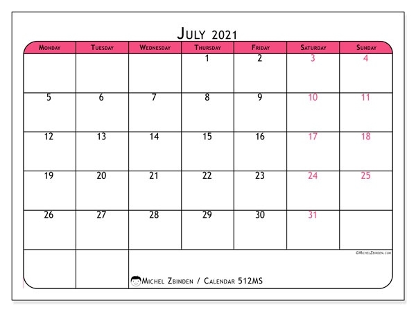 July 2021 Calendars &quot;Monday - Sunday&quot; - Michel Zbinden En July 2021 Tithi Calendar