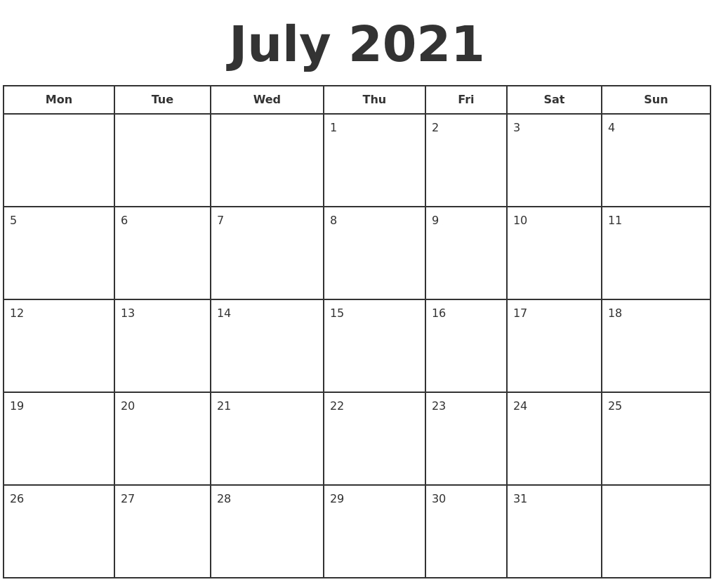July 2021 Print A Calendar July 2021 Calendar Month