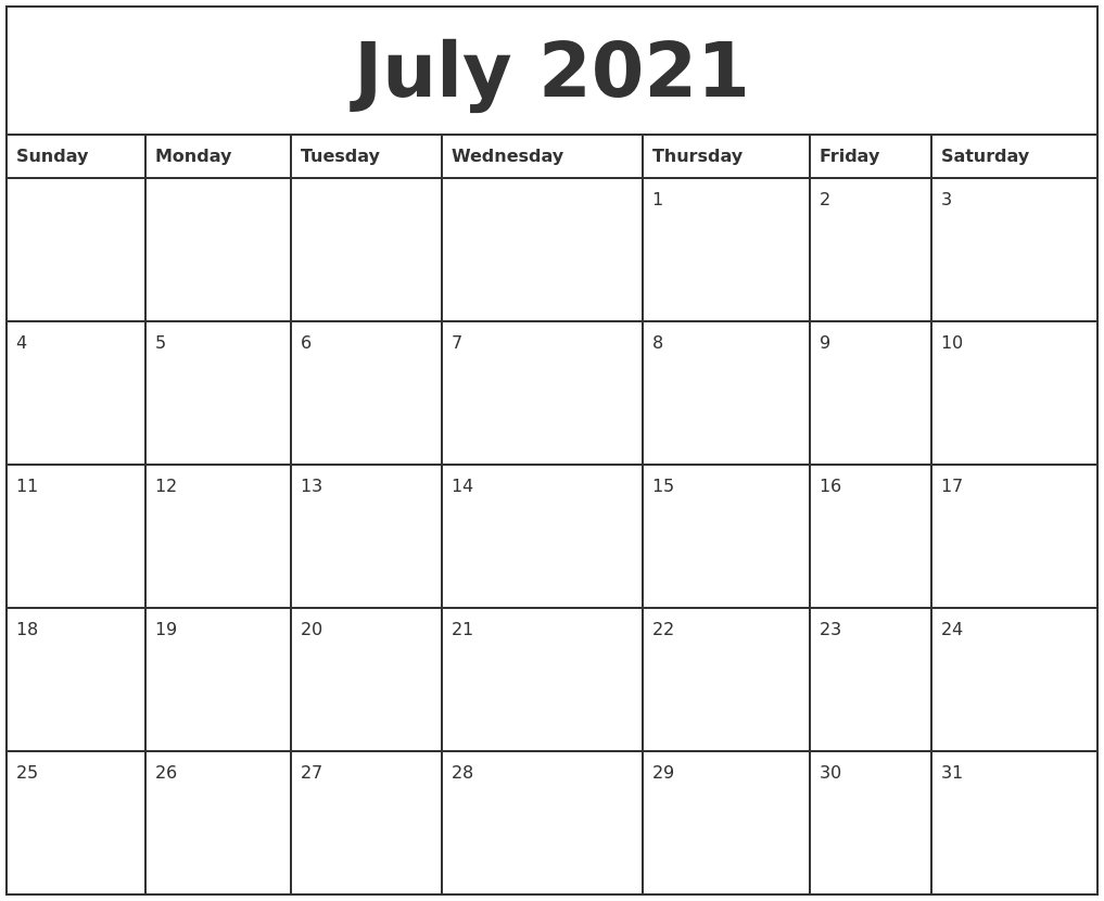 July 2021 Printable Monthly Calendar Month Of July 2021 Calendar