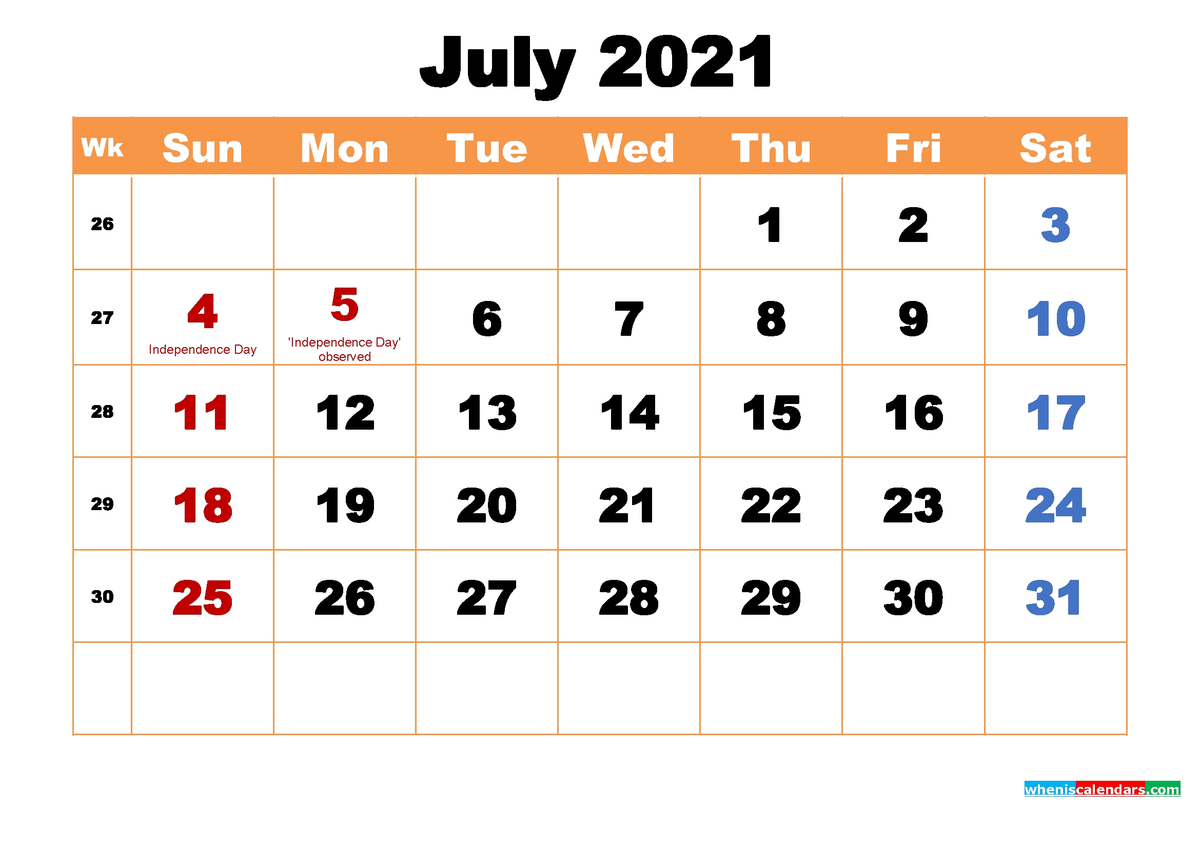 July 2021 Printable Monthly Calendar With Holidays | Free Printable 2020 Calendar With Holidays July 2021 Calendar Word