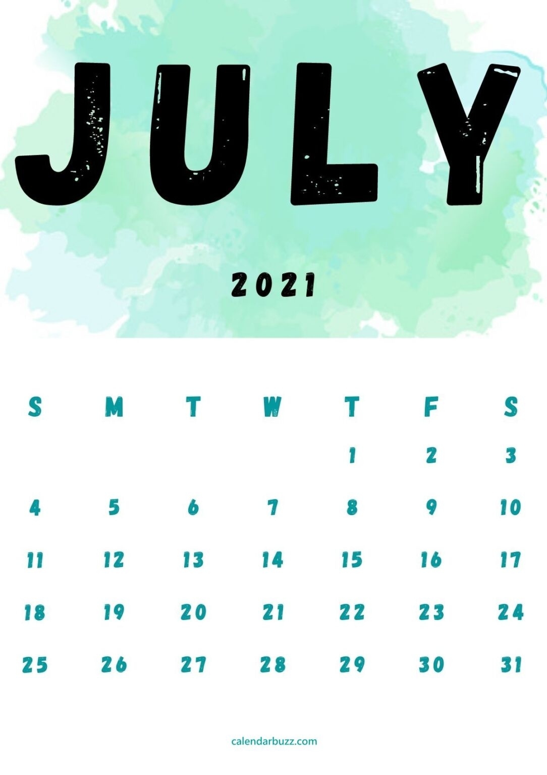 July 2021 Watercolor Calendar Printable Free Download | Calendarbuzz Fourth Of July 2021 Calendar