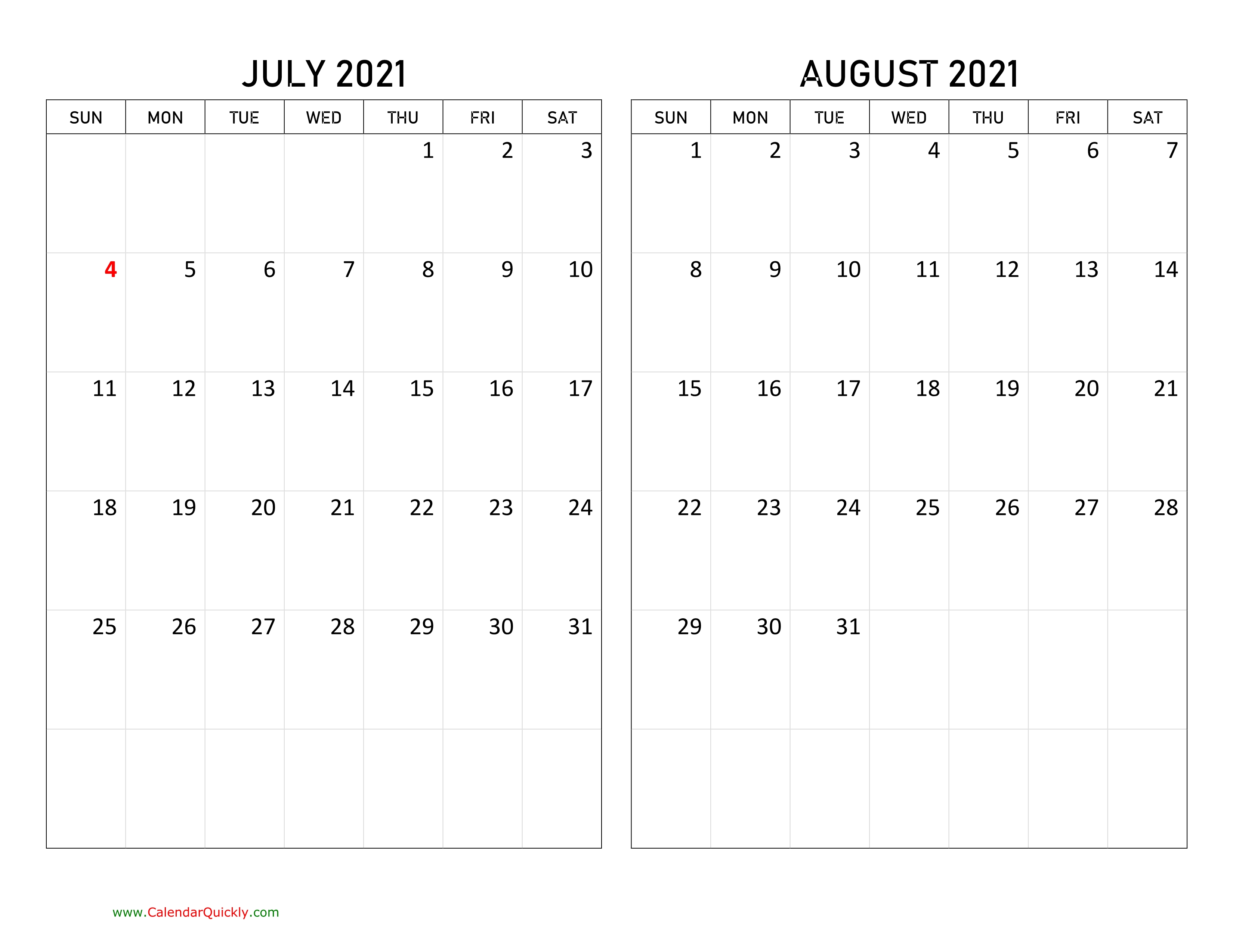 July And August 2021 Calendar | Calendar Quickly July 2021 Calendar Vertical