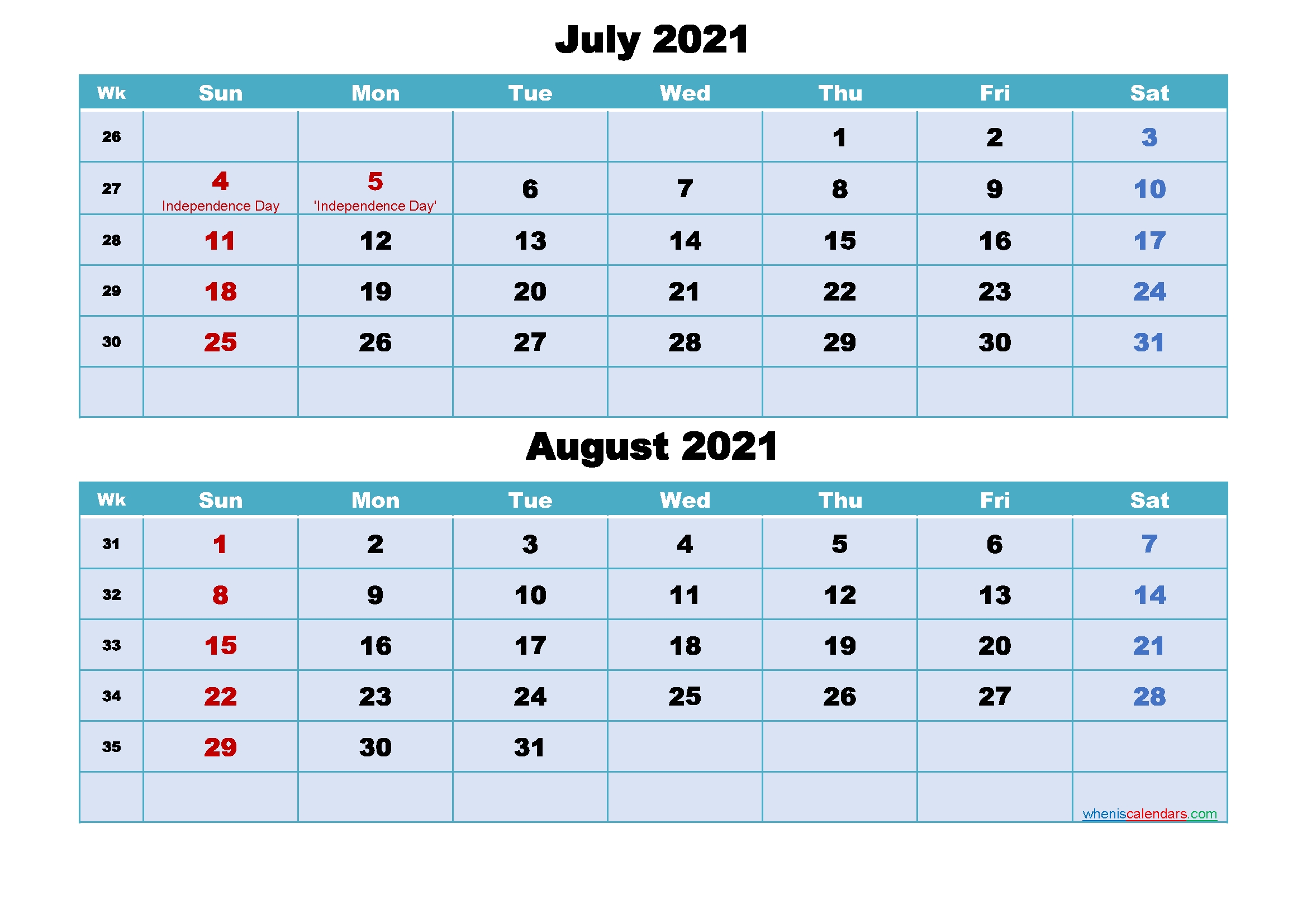 July And August 2021 Calendar With Holidays How Many Months To August 2021