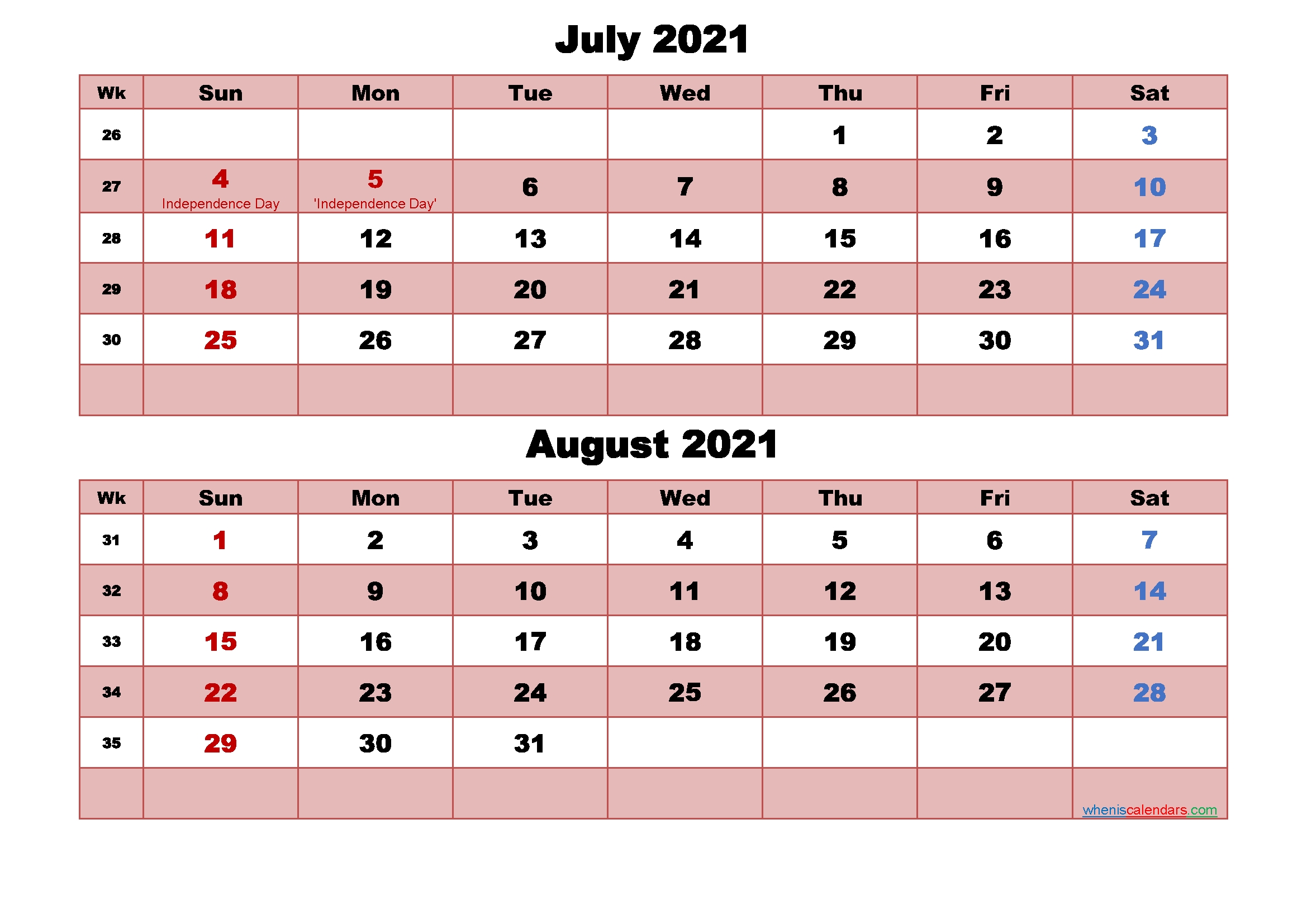 July And August Calendar 2021 Printable Word, Pdf July And August 2021 Printable Calendar