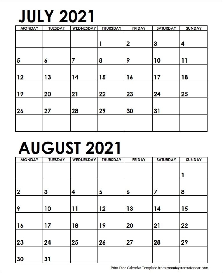 July August 2021 Calendar Monday Start | Editable Two Months Template How Many Months To August 2021
