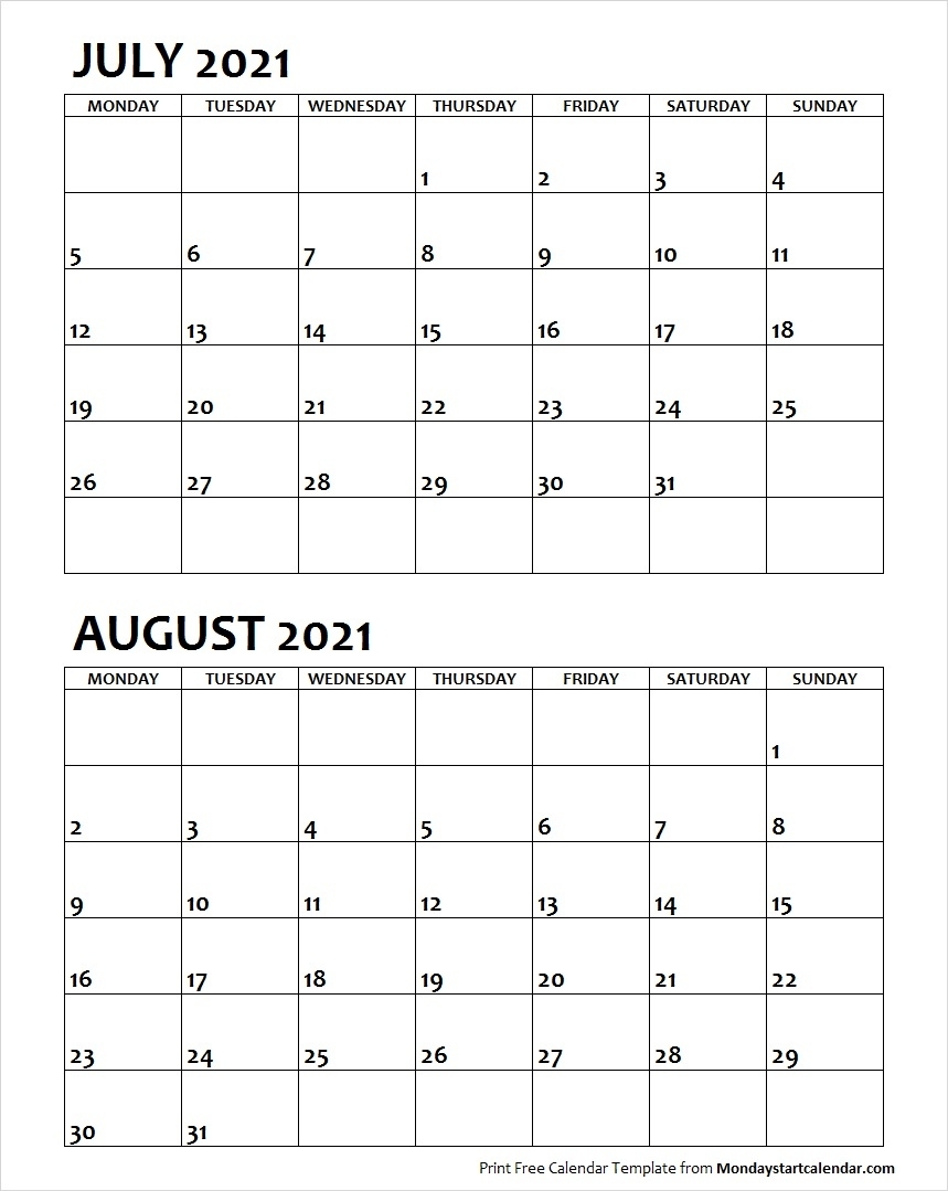 July August 2021 Calendar Monday Start | Editable Two Months Template July 2021 Calendar Editable