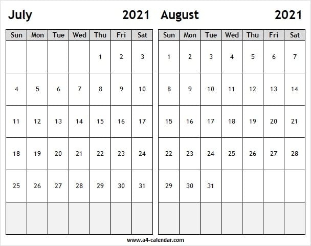 July August 2021 Calendar Printable - A4 Calendar 2021 Calendar For July And August