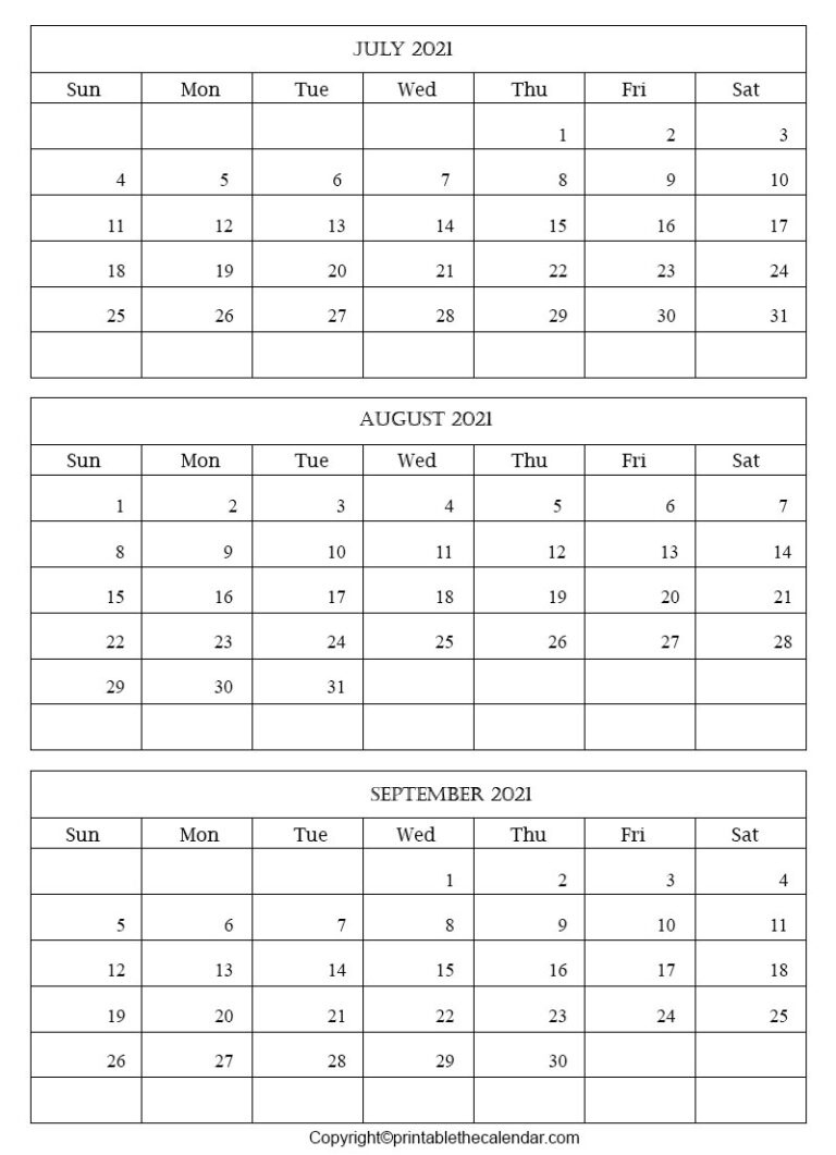 July August September Blank 2021 Calendar | Printable The Calendar August September 2021 Calendar