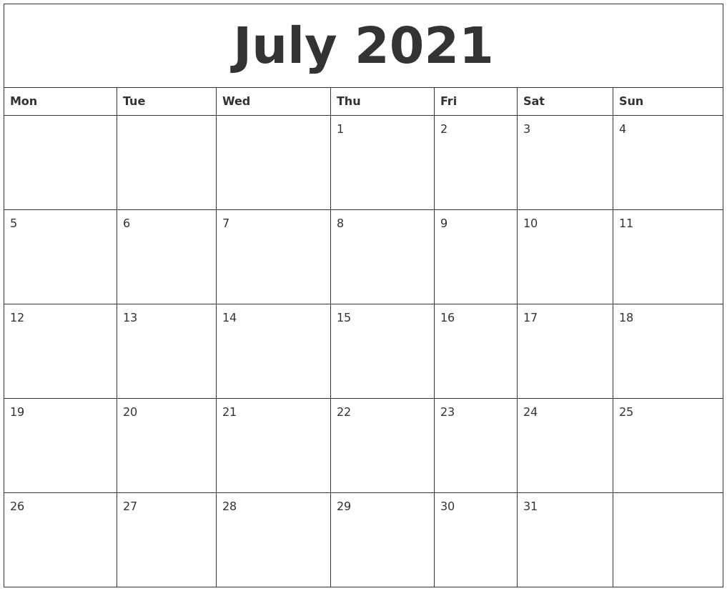 July Calendar 2021 Printable Big Numbers | Month Calendar Printable July 2020 - December 2021 Calendar
