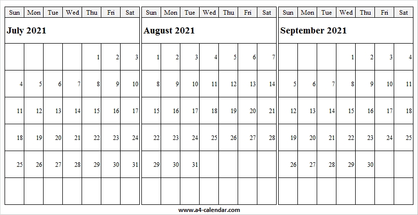 July To September 2021 Calendar A4 - July 2021 Calendar Free Printable July To September 2021 Calendar