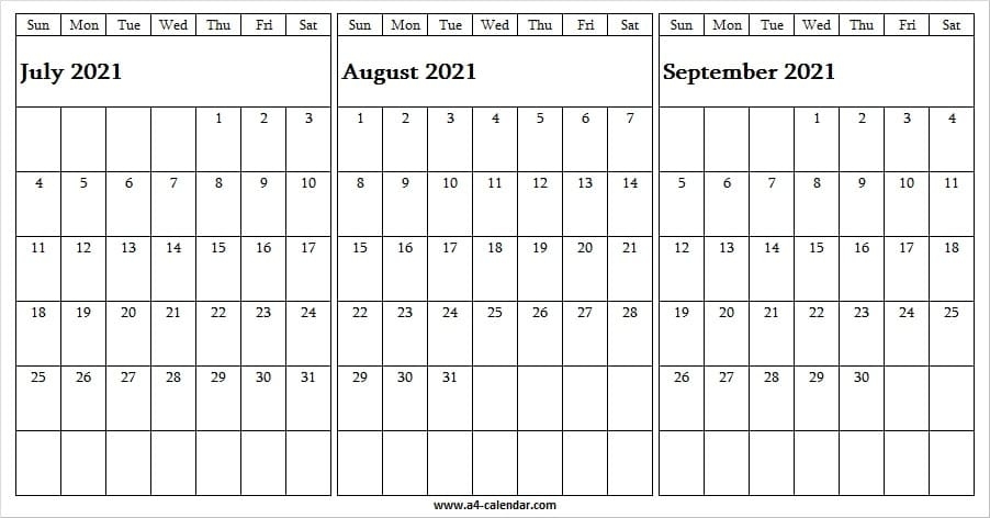 July To September 2021 Calendar To Print - A4 Calendar July To September 2021 Calendar
