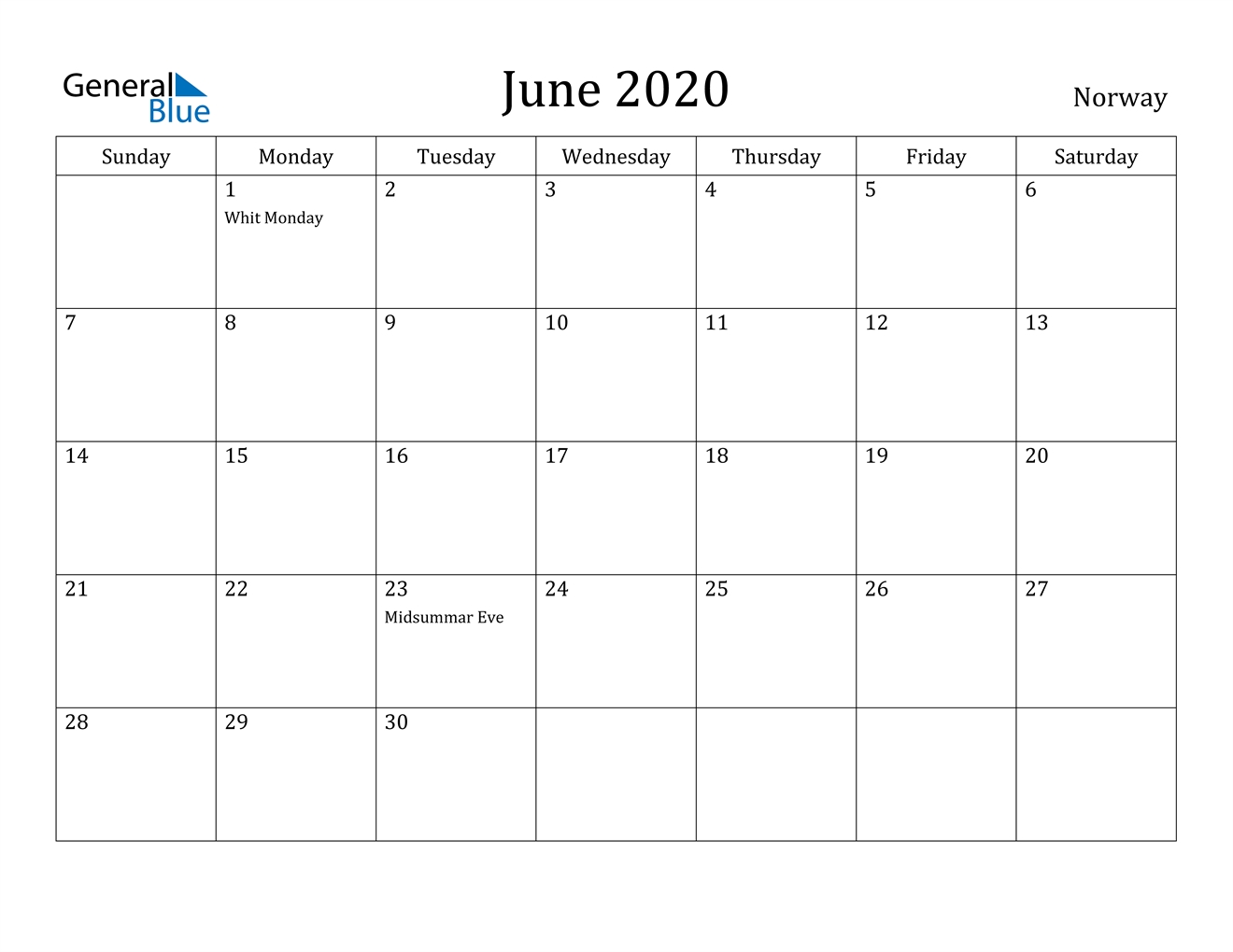 June 2020 Calendar - Norway June 2021 Calendar Nz