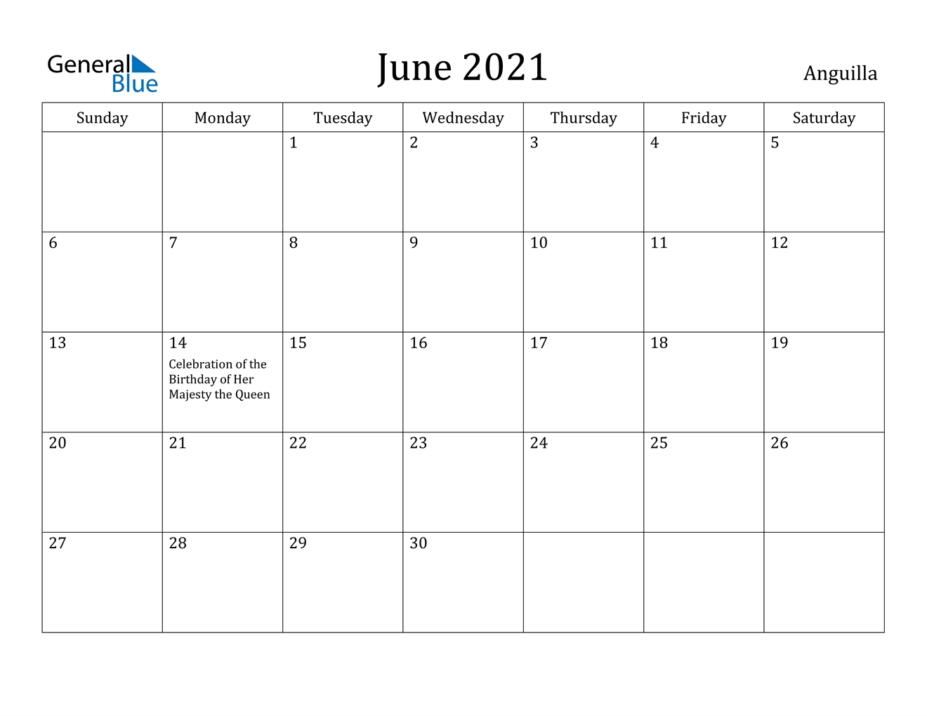 June 2021 Calendar - Anguilla Calendar From August 2020 To June 2021