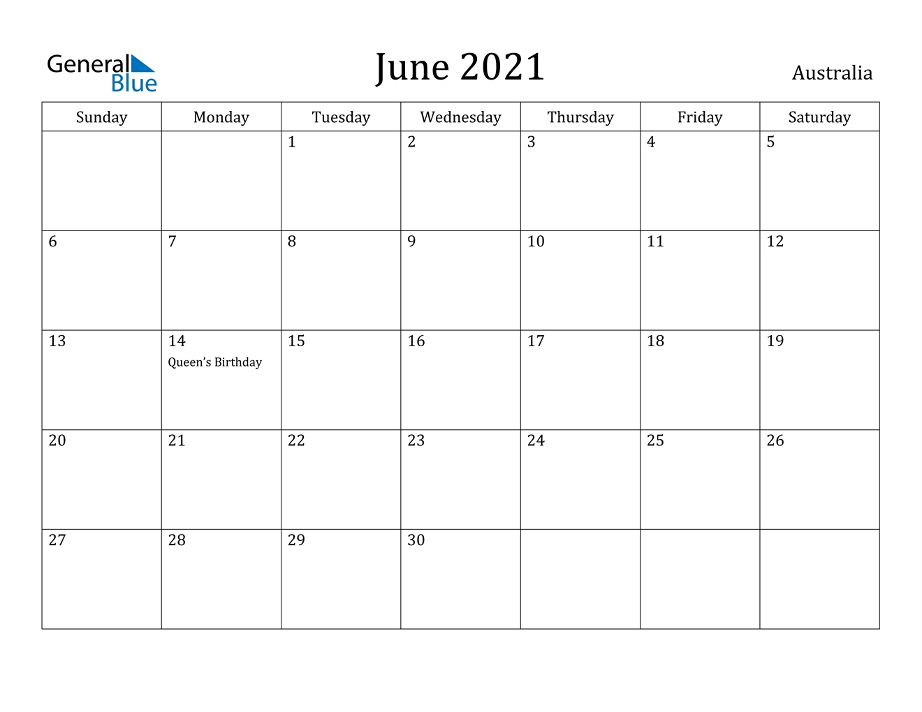 June 2021 Calendar - Australia February To June 2021 Calendar