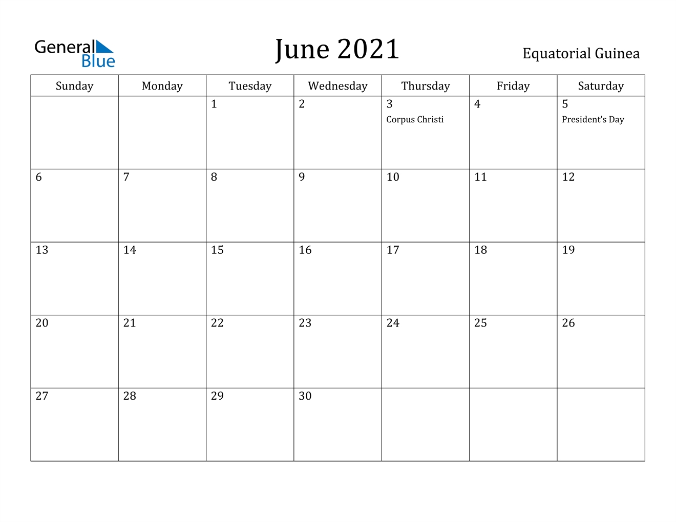 June 2021 Calendar - Equatorial Guinea June 2021 Calendar Kuda