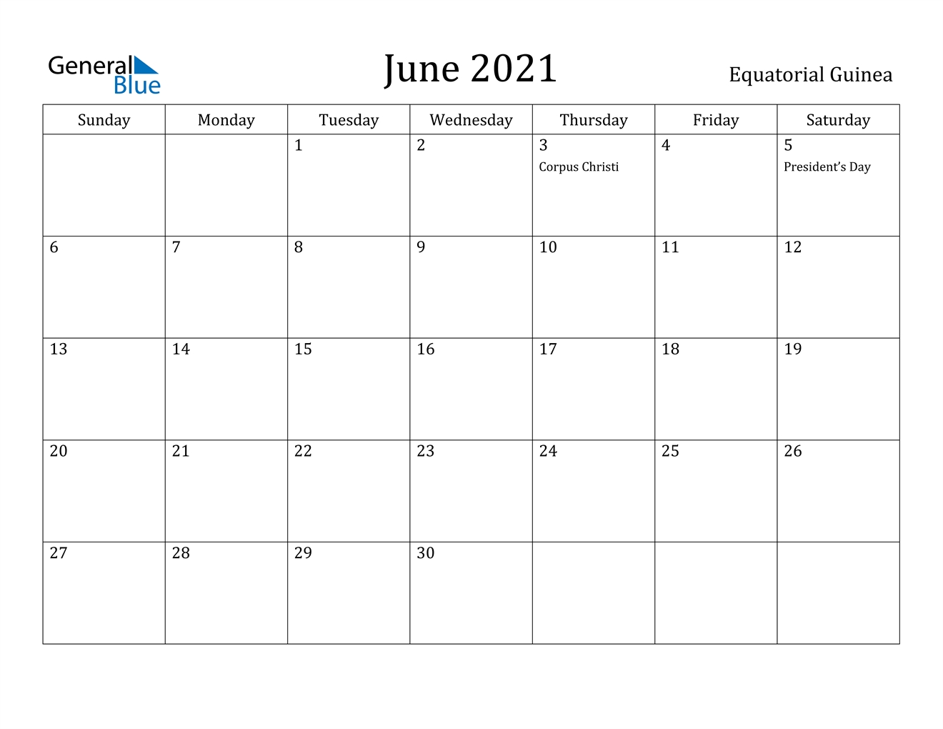 June 2021 Calendar - Equatorial Guinea June 2021 Calendar With Holidays