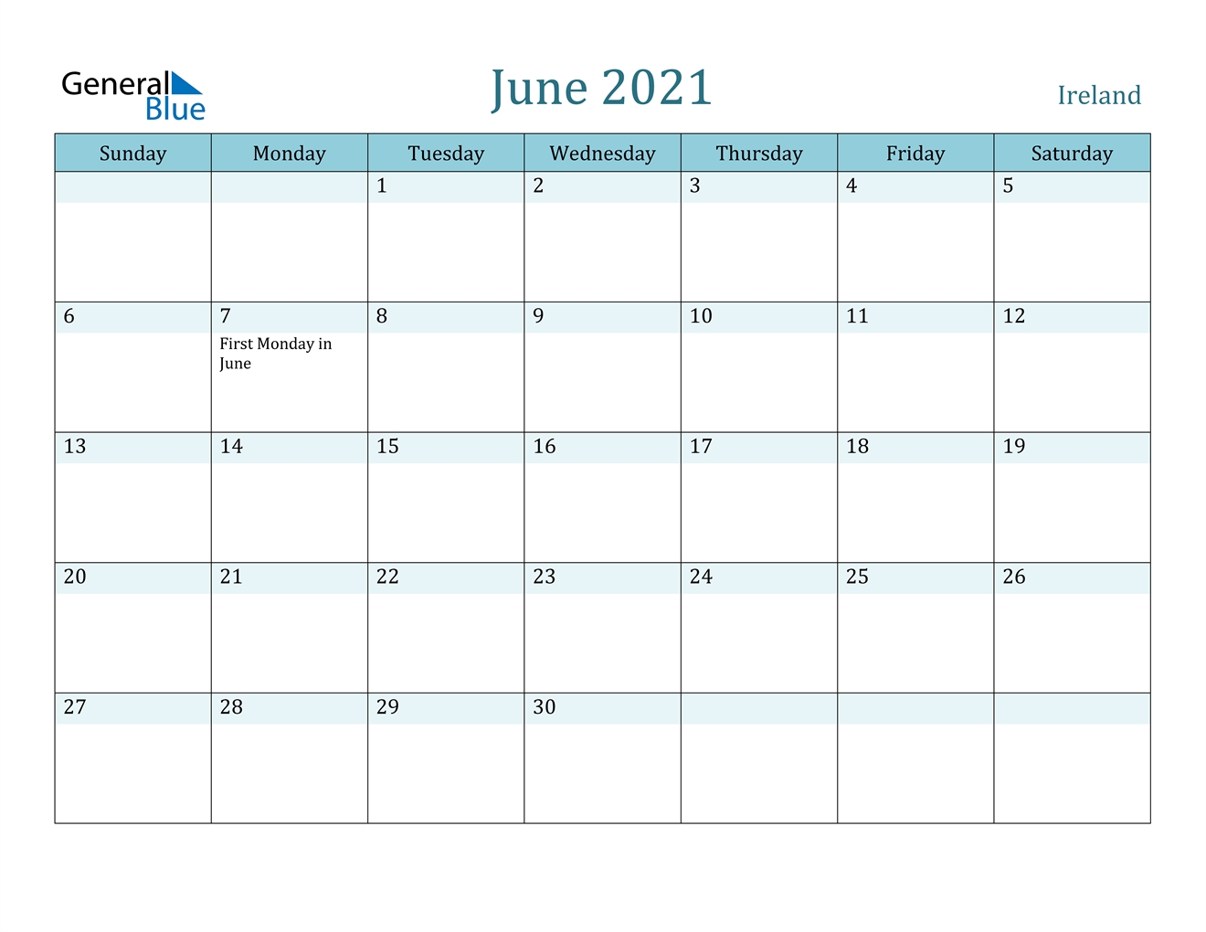 June 2021 Calendar - Ireland June 2021 Calendar Printable