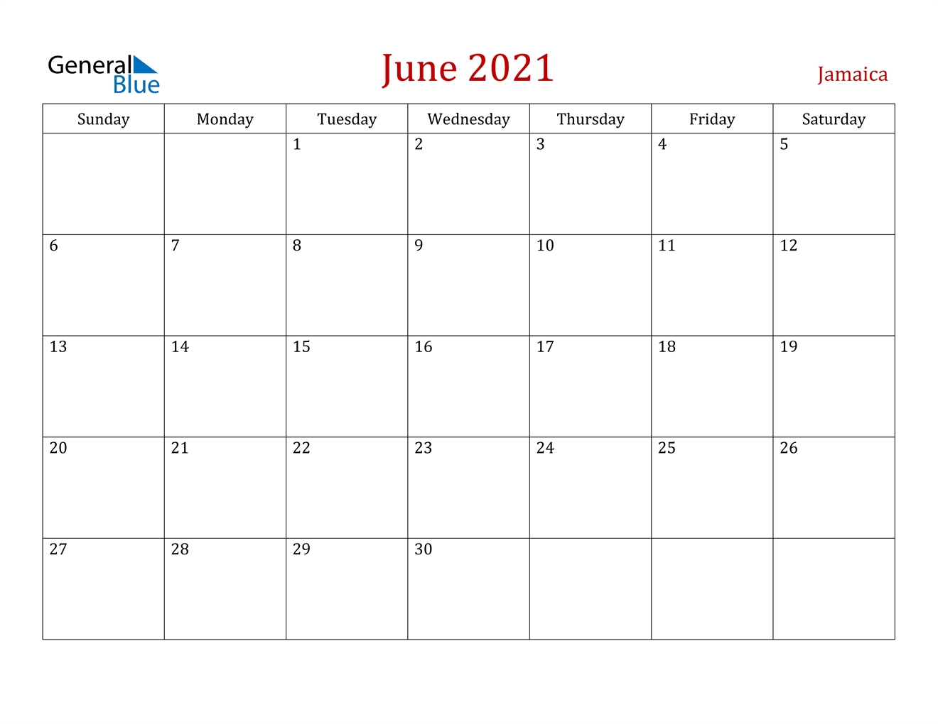 June 2021 Calendar - Jamaica June 2021 Calendar Template Excel