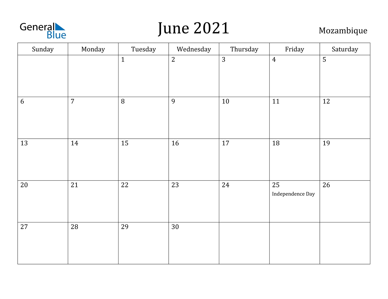 June 2021 Calendar - Mozambique May June July August September 2021 Calendar