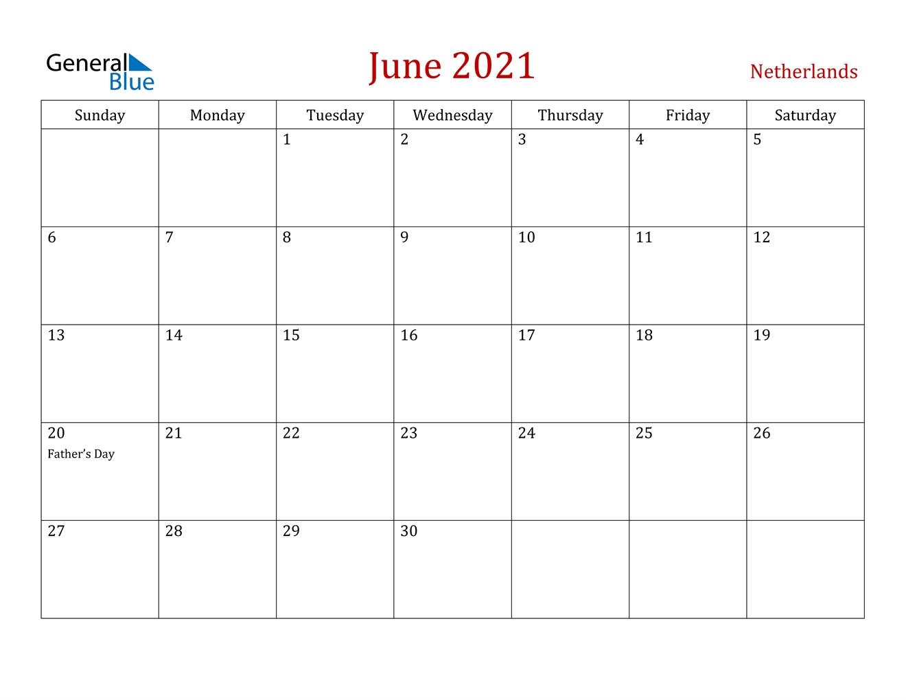 June 2021 Calendar - Netherlands June 2021 Calendar Pdf Download