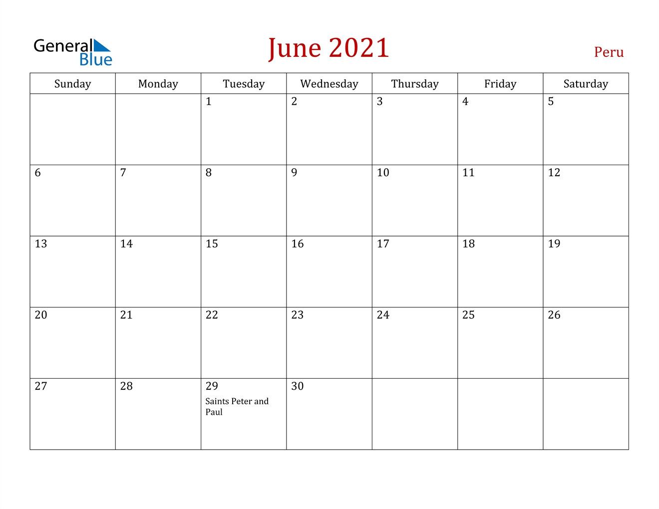 June 2021 Calendar - Peru June 2021 Calendar Saturdaygift