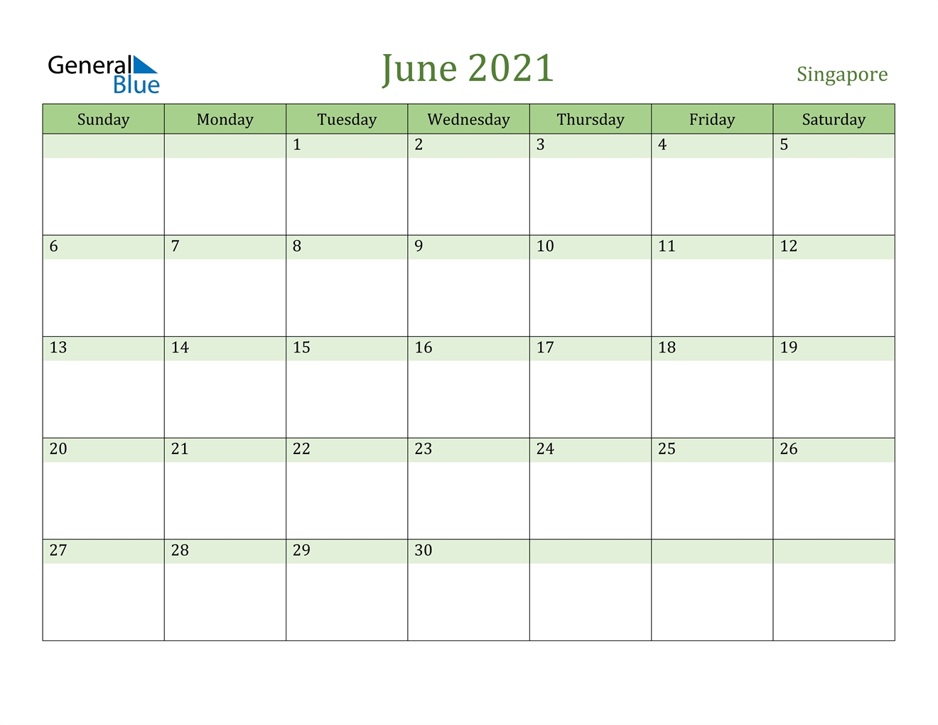 June 2021 Calendar - Singapore Printable June 2021 Calendar Pdf