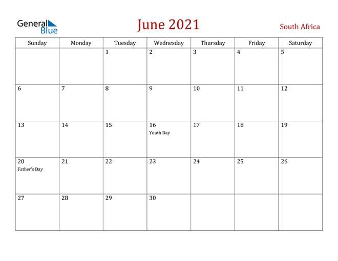 June 2021 Calendar - South Africa June 2021 Calendar With Tithi