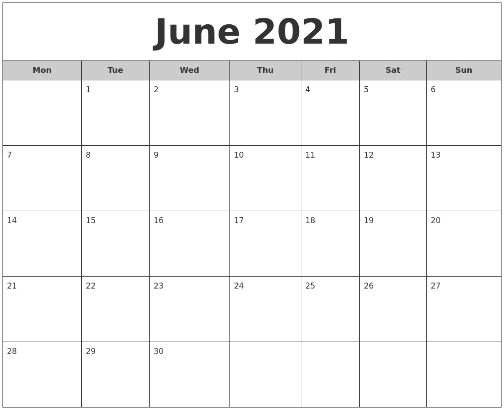 June 2021 Free Monthly Calendar Month Of June 2021 Calendar