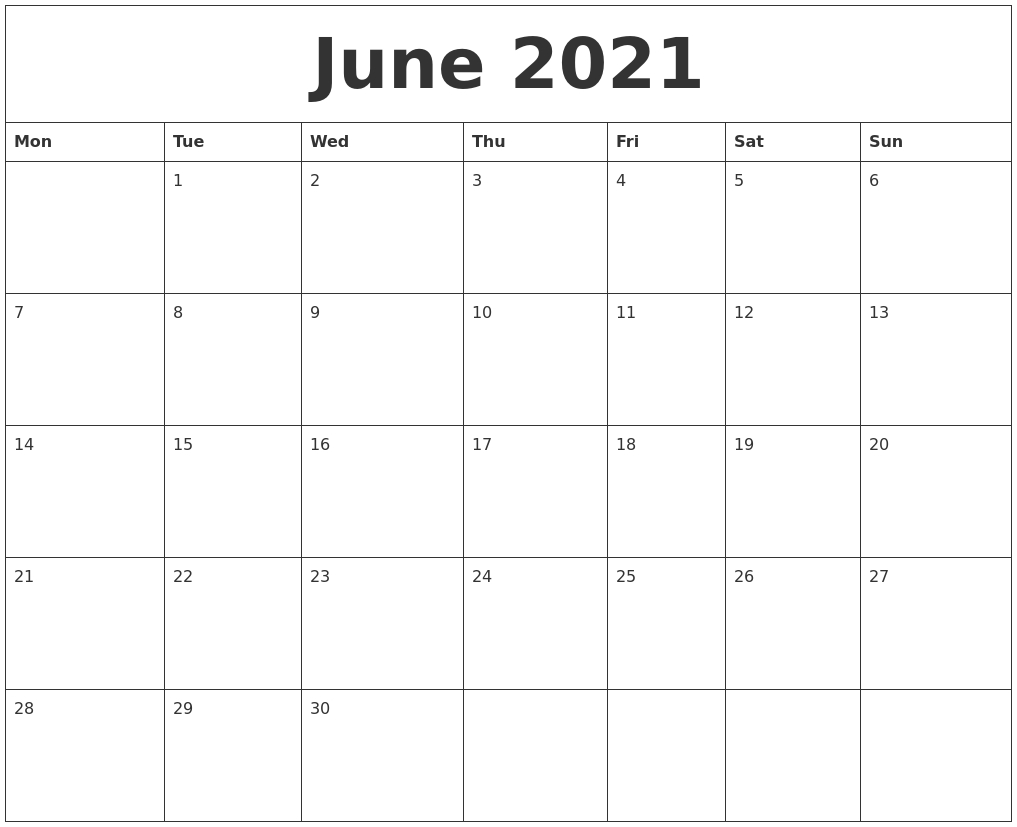 June 2021 Printable Calander June 2021 Calendar Days
