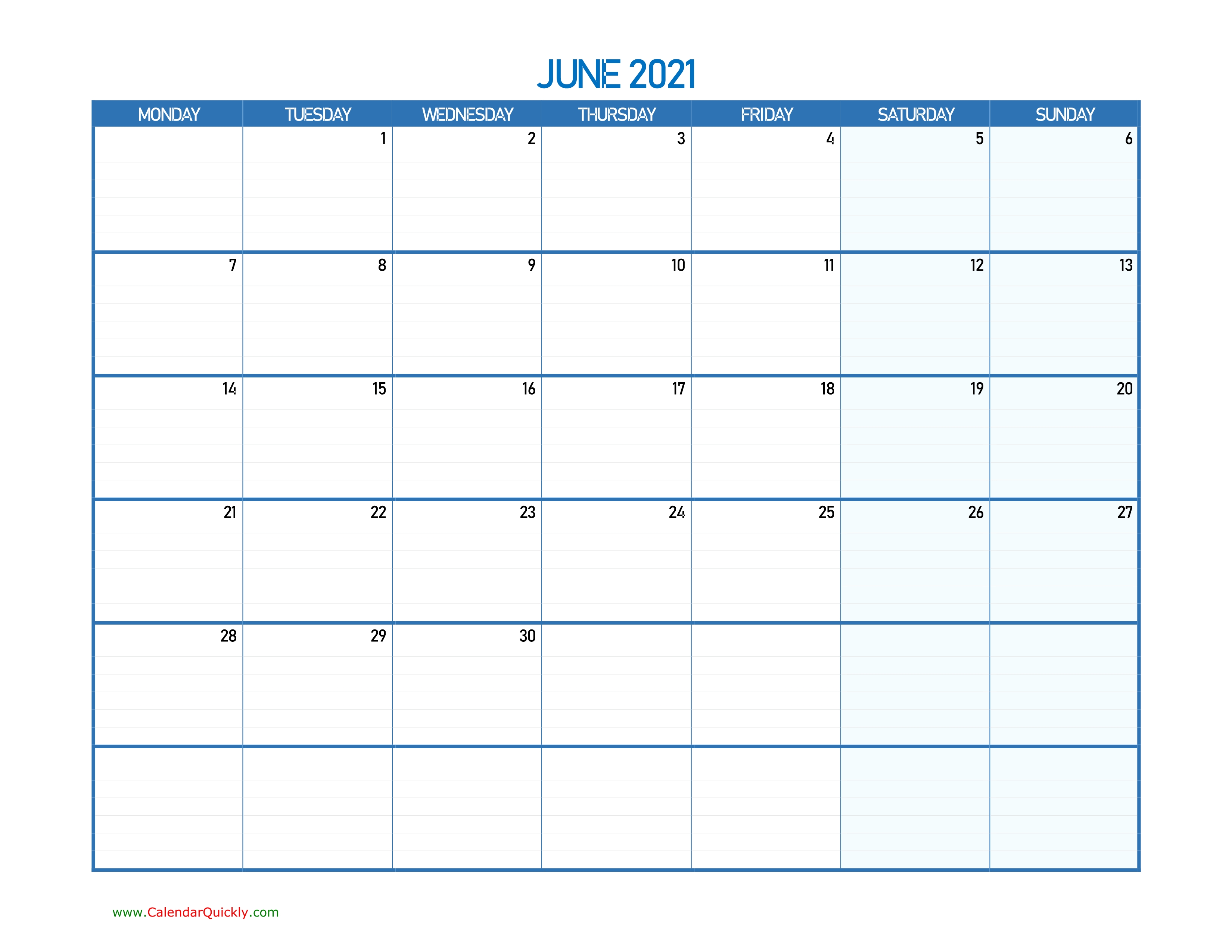 June Monday 2021 Blank Calendar | Calendar Quickly Blank June 2021 Calendar Pdf